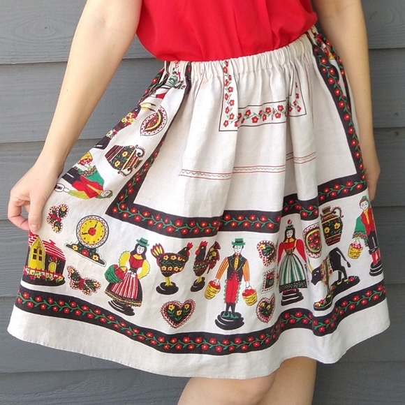 Vintage Dresses & Skirts - folksy LINEN TABLECLOTH SKIRT vintage novelty M L